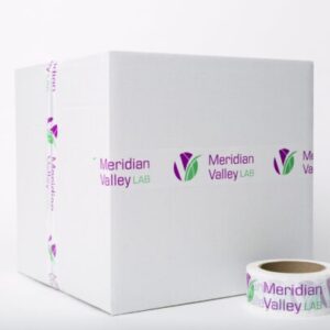 Box with Meridian Valley Lab printed tape
